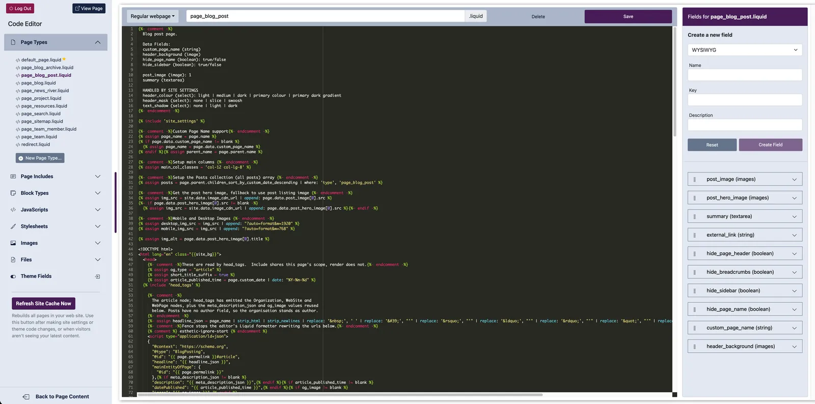 The code editor, showing a Liquid template and its custom fields
