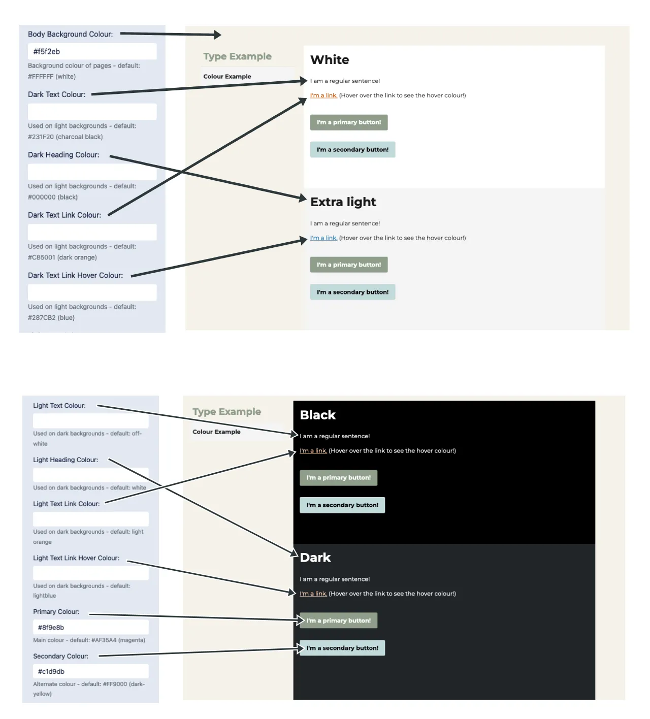 Each colour setting drawn to the element it controls, on light and dark backgrounds