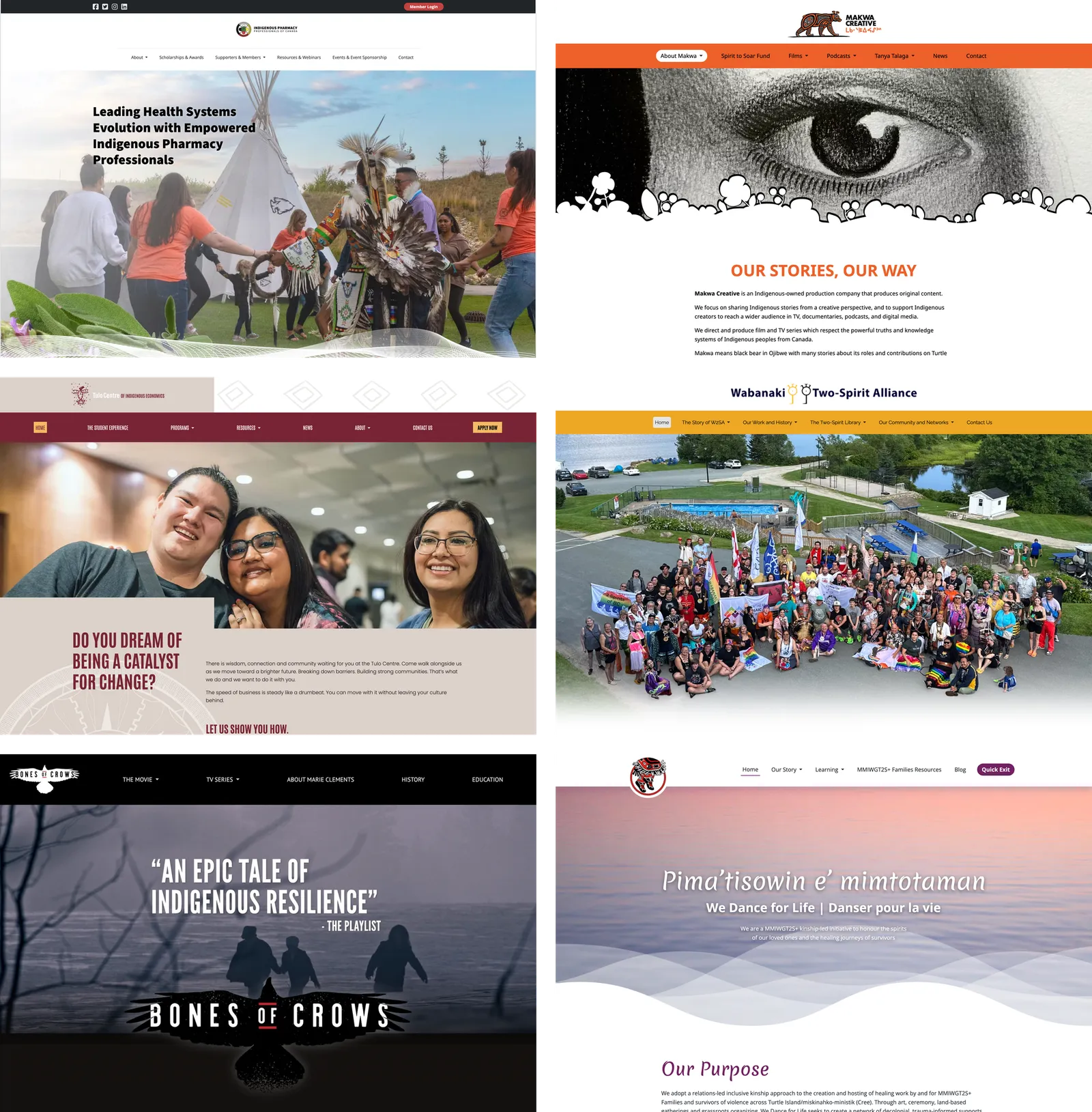 Six client homepages built on the same CMS, each with a distinct design