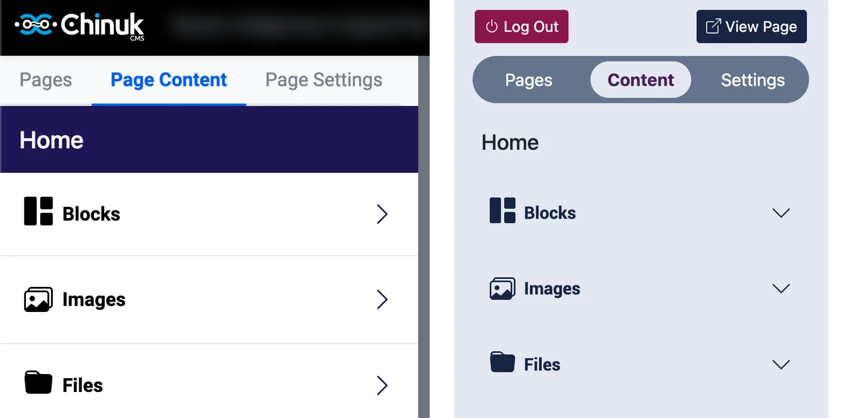 The CMS panel before and after the redesign, side by side